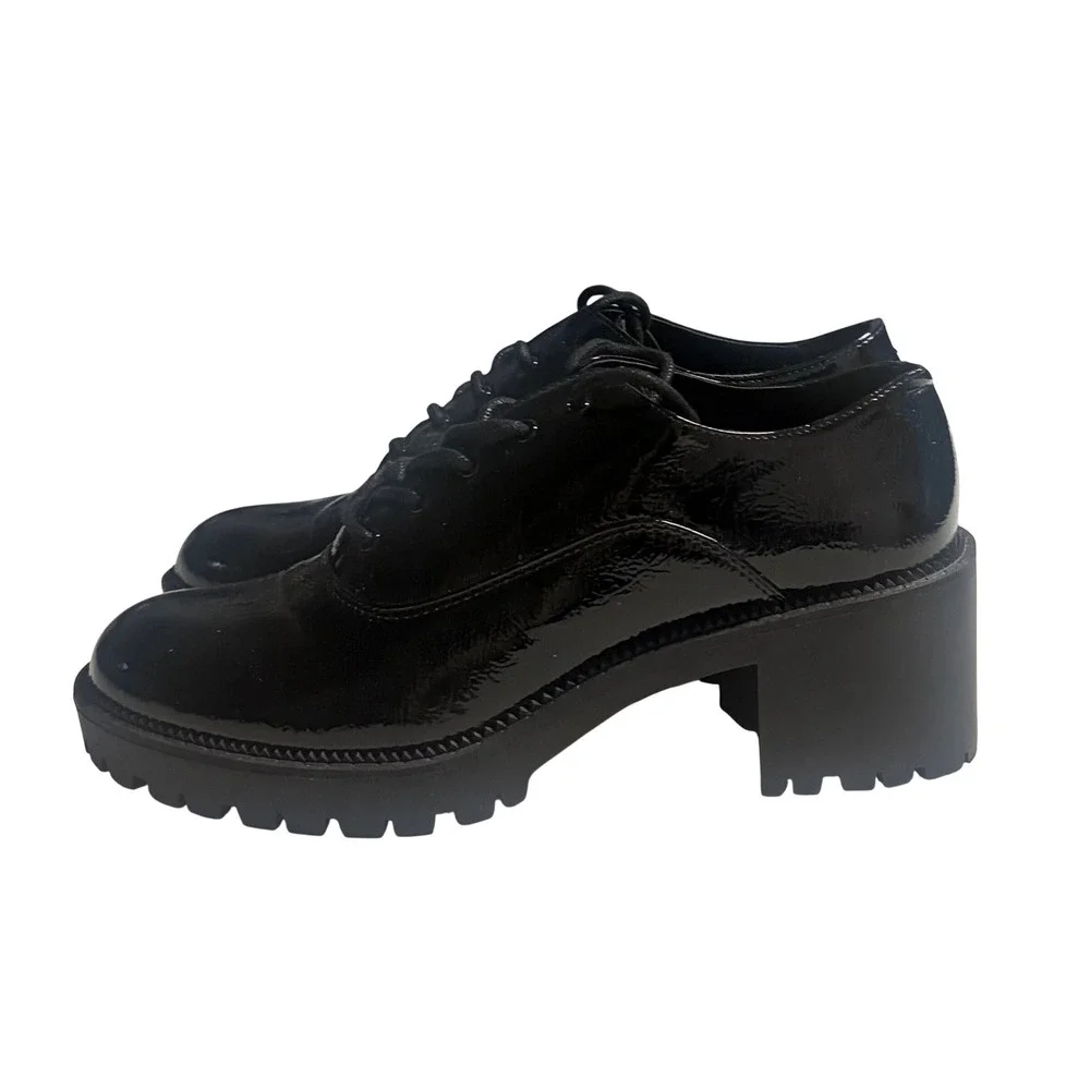 Mix‎ No. 6 Seren Black Patent Lug Sole Block Heel Lace Up Oxfords Shoes 9M
